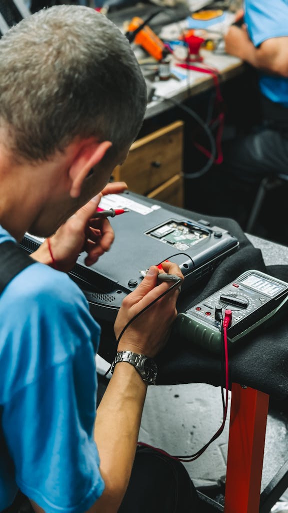 Professional technician repairing an electronic device with precision tools and a multimeter.